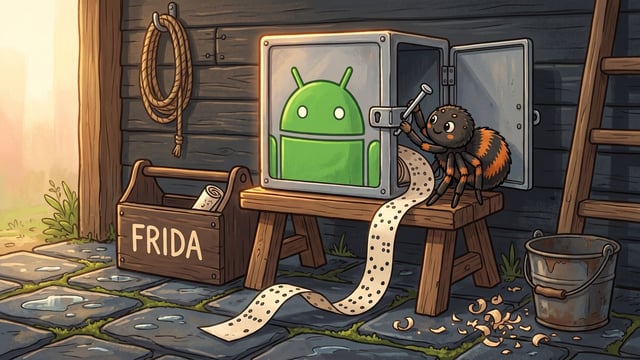 A cartoon spider crouched on a wooden trestle beside a metal case whose front panel carries the green Android robot mark, pulling a steel pin out of the hasp with one leg while the case door stands open, a long punched paper tape spilling out of the case and down across the wet cobbles, and a wooden toolbox lettered FRIDA standing on the ground at the left against a dark plank wall with a coil of rope and a tin bucket.