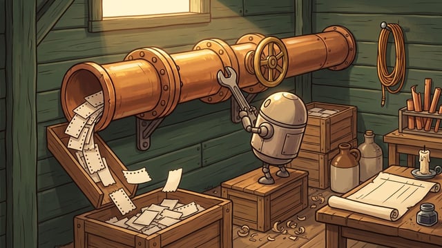 A long riveted copper pipeline running the width of a green plank workshop on iron brackets, with a brass wheel valve on it, its open mouth feeding a continuous punched paper tape down a wooden chute into a crate of loose paper slips, a small round robot standing on a crate below reaching up to the pipe with a spanner, and one large ruled paper sheet left lying unrolled and unattended on a bench at the right beside an inkwell and a candle.