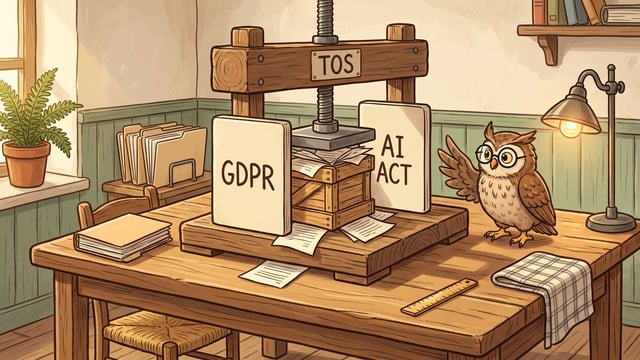 A wooden screw press on a scrubbed table pressing down on a small slatted crate of loose papers, with three lettered plates around it: a tall plate lettered GDPR standing at the left, a tall plate lettered AI ACT at the right, and a smaller plate lettered TOS fixed to the press beam above, with loose sheets spilling onto the table and a brown owl in round spectacles perched at the right beside a lit lamp.