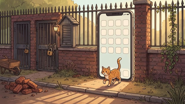 A tall smartphone standing in a gap in an iron-railed brick wall, its bright blank screen of empty rounded app tiles left wide open like a gateway, with a ginger tabby cat walking out through it onto the pavement, and to the left along the same wall two older doorways shut and fastened with brass padlocks, with a broken heap of bricks and a wheelbarrow at the left and ivy climbing the railings at the right.