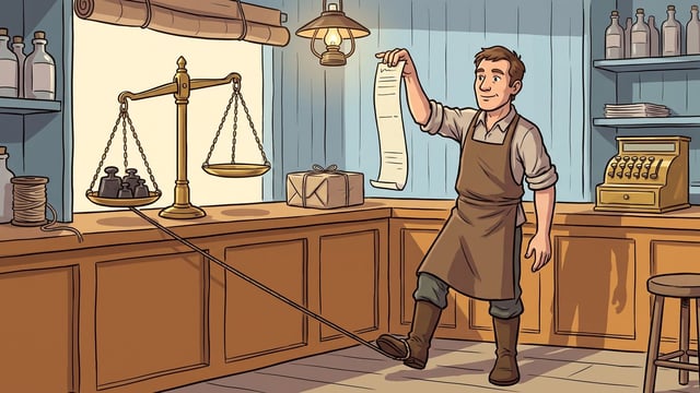 A shopkeeper in a brown apron standing at the end of a polished shop counter, holding up a long itemised paper bill in one raised hand with his other arm at his side, while a thin cord runs from under his boot along the floor and up to the left-hand pan of a large brass balance on the counter, pulling that pan down under four iron weights while the other pan rides empty and high, with a wrapped parcel, a brass till and shelves of bottles around him.