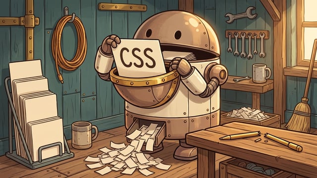 A large domed copper robot standing in a workshop with its chest open as a brass-rimmed hopper, feeding a white card lettered CSS down into the hopper with both hands, shredded paper strips falling out of a hatch at its foot into a heap on the floorboards, and a slim brass pointer snapped in two lying on the workbench at the right, with a rack of blank cards at the left and a wall of hanging spanners behind.