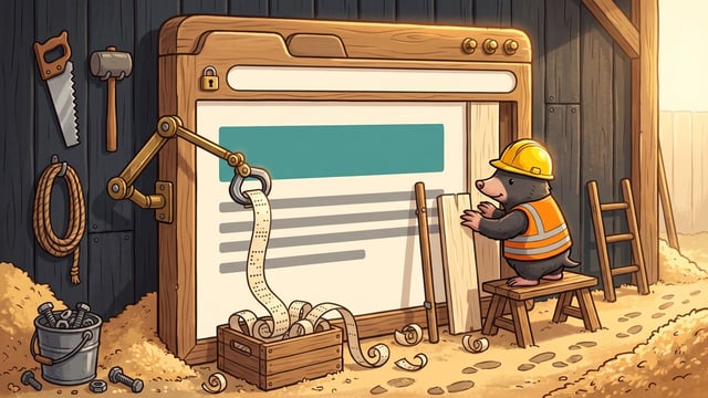 A mole in a yellow hard hat and orange high-visibility vest standing on a small trestle at the right, fitting a fresh pale plank into the side of a large web browser window built out of timber, its address bar carrying a padlock and its page showing a teal banner and grey rules, with a brass mechanical arm ending in a hook bolted to the wall at the left reaching in across the page, a punched paper tape spooling from a crate below, and saws, a mallet, rope and a bucket of bolts around a floor of wood shavings.