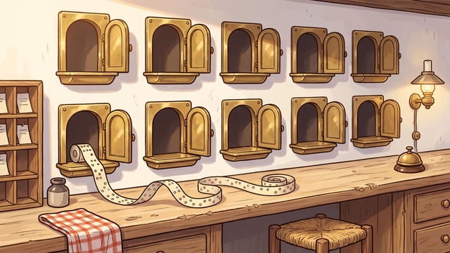 Ten brass service hatches set into a cream plaster wall above a long wooden counter, in two rows of five, every one of them standing open on its hinge with a small brass sill beneath, with a punched paper tape running out of the lower left hatch and curling along the counter, a rack of paper slips at the left, an ink bottle, a checked cloth, a service bell and a lit wall lamp at the right.