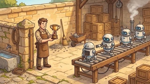 A human shopkeeper in a brown apron standing apart at the left of a sunlit sandstone workyard, holding up in both hands a small two-handled brass trophy cup on a pedestal foot and looking down at it, while at the right a long trestle assembly line carries four small round domed robots in different stages of build, one with its front panel open and its wiring showing and one having an arm fitted, with stacks of wooden crates behind them, a hoist rope, a barrow of parts and a plume of steam from a pipe above.