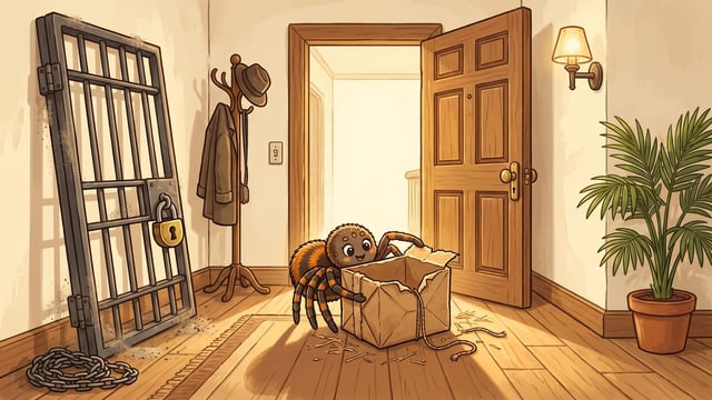 A hallway with a wooden panelled door standing wide open into a bright room, a torn-open brown paper parcel on the floorboards in front of it with its flaps splayed and its inside plainly empty, its cut string trailing away, and a cartoon spider leaning over the parcel looking into it, while a barred iron gate with a closed brass padlock stands propped unused against the wall at the left with its chain coiled on the floor, a coat stand carrying a hat and coat beside it and a potted palm over at the right.