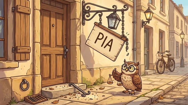 A hanging shop sign lettered PIA fallen loose on a cobbled street corner, still on one chain and swinging down at an angle from its iron bracket with the other chain hanging free, the lantern beside it dark and unlit and the shop door shut, a bent iron bar and scattered grit lying on the pale stone doorstep, and a brown owl in round spectacles standing on the pavement below holding up a small brass balance.