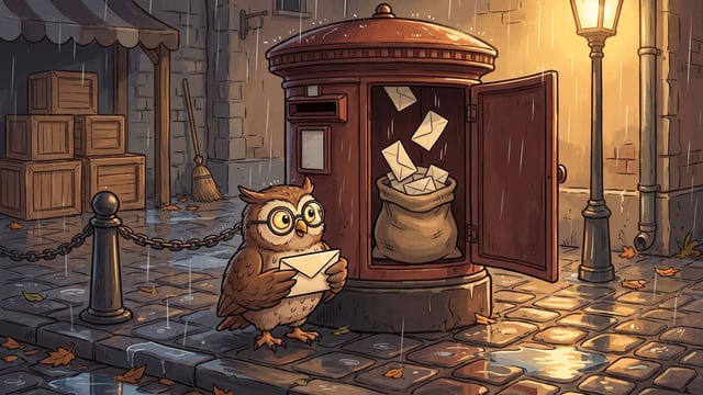 A red public post box on a rain-wet cobbled street at night, its back door standing wide open to show a sack of letters inside with cream envelopes lifting out of it into the air, and a brown owl in round spectacles standing on the pavement in front of it holding one sealed envelope in its wings, with stacked crates and a broom under an awning at the left and a lit street lamp at the right.