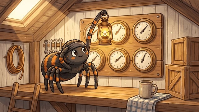 A cartoon spider on a wooden loft beam with a dark blindfold pushed up clear of its eyes onto its head, holding a lit brass lantern up high on one raised leg in front of a wooden board of six round white gauges in two rows of three, five of their needles plainly readable in the light and the sixth face partly hidden behind the lantern itself, with a coil of rope and a rack of spanners on the plank wall at the left and a stacked crate, a mug and a checked cloth at the right.