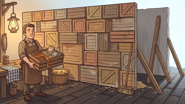 A tall painted flat standing in a dim warehouse showing a whole wall of stacked wooden crates, propped up from behind by timber struts that are visible past its right edge along with its blank grey back, and in front of it at the left one shopkeeper in a brown apron carrying a single real slatted crate holding a coil of amber cord, a small framed card and straw packing, with a basket of straw, a broom, wood shavings and a lit lantern around him.