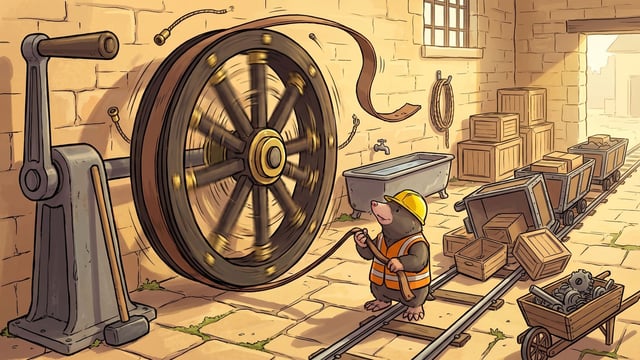 A large spoked wooden flywheel spinning fast on a stone workshop wall, blurred at the rim, its drive belt snapped and whipping loose in the air above it, with a mole in a yellow hard hat and orange high-visibility vest standing on the rails below holding the broken end of the belt, and behind it a line of small tipper wagons standing halted on the track with a crate tipped off onto the flagstones, beside a hand crank, a stone trough and a barrow of gears.