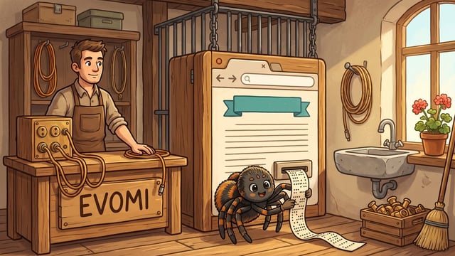 A shopkeeper stands behind a wooden EVOMI switchboard beside a large browser-window panel, while a cartoon spider pulls punched paper tape from a slot at its foot and a heavy barred barrier hangs lifted above the open path.