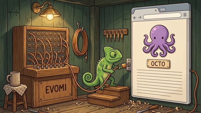 A green chameleon stands on wooden steps inside a workshop, plugging an orange cable connected to a wooden switchboard labeled "EVOMI" into a wall socket beside a large web browser screen featuring a purple octopus and a plaque labeled "OCTO".
