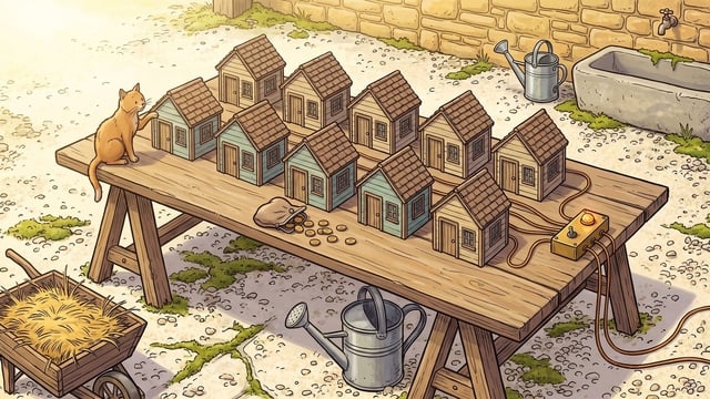 Ten miniature residential model houses sit arranged on a large wooden workbench outdoors, where an orange cat rests its paw on one blue house while a small pouch spills gold coins onto the table, and orange electrical cables connect the houses to a small control box with a glowing yellow button.