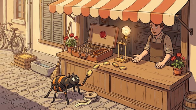 A black-and-orange cartoon spider passes five brass coins across an outdoor counter toward a shopkeeper's open palm, beside an open case of coiled cords and plugs, a red wax seal, and a small test rig with a glowing lamp.