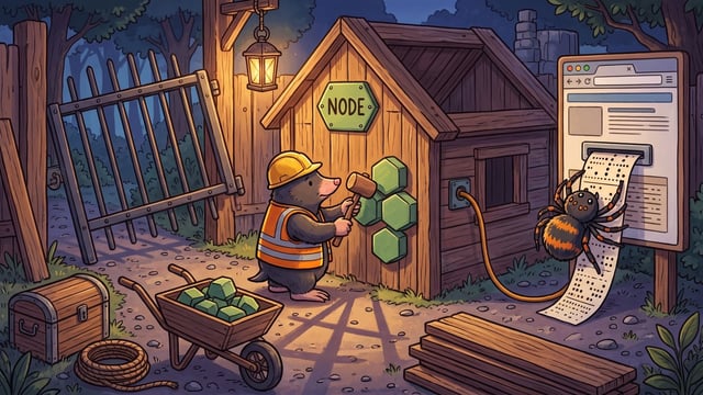 A mole wearing a yellow hard hat and safety vest uses a mallet to attach green hexagonal blocks to a small wooden building featuring a sign with the text 'NODE', while a large spider pulls a paper strip from a web browser screen plugged into the wall.