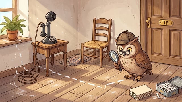An owl wearing a plaid deerstalker hat and round glasses uses a magnifying glass to examine a white dashed line drawn across a wooden floor, leading from a vintage candlestick telephone on a small table toward a wooden door with a brass plate marked "IP".