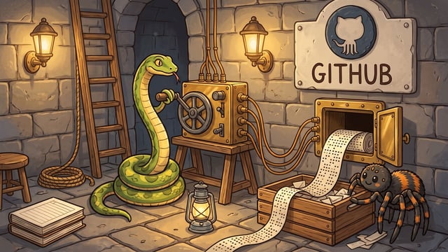 A green snake turns a wheel crank on a metallic machine inside a stone room, which connects through four cables to a wall hatch underneath a sign reading "GITHUB", while a long strip of punched paper tape streams out of the hatch into a wooden crate next to a black and orange spider.