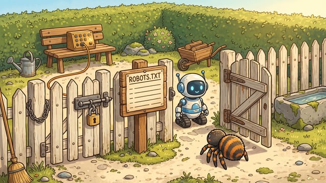 A small white and blue robot stands inside an open wooden garden gate next to a wooden sign with the text "ROBOTS.TXT", looking toward a large orange-and-black striped spider on a dirt path beside a locked fence gate secured with a padlock.