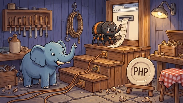 A blue cartoon elephant stands in a wooden workshop beside a set of three steps, where three orange cords are plugged into individual outlets while a spider on top pulls a printed paper strip from a browser-window frame near a circular sign displaying the letters "PHP".