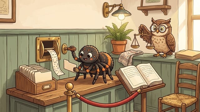 A cartoon spider stands on a wooden desk holding a small folder while using one leg to turn a brass handle beside a wall-mounted slot dispensing a strip of punched paper, as an owl wearing round glasses holds a balance scale near an open book.