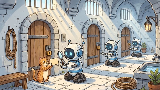 An orange tabby cat holds up a rectangular card to a small white security robot checking it through a magnifying glass outside a locked wooden door, while two identical robots wait near other doors along the stone hallway.