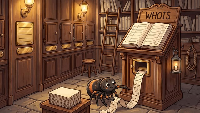 A black-and-orange cartoon spider pulls punched paper tape from a wooden WHOIS lectern holding an open register, beside a neat stack of cards in a lamplit archive whose panelled wall has four closed wooden shutters and several exposed brass record plates.