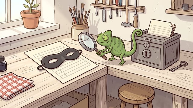 A green chameleon stands on a wooden workshop desk holding a magnifying glass, positioned between a sheet of paper covered by a black eye mask on the left and a locked metal box filled with papers beside a key on the right.