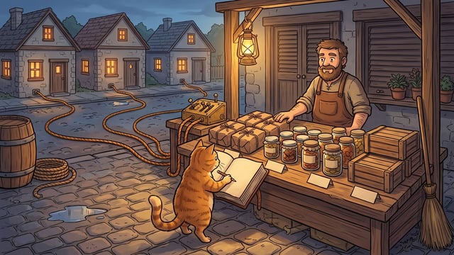 A bearded vendor stands behind a wooden market stall as an orange tabby cat writes with a pencil in a large open book, while thick cables connected to a switch box on the counter stretch across a cobblestone street and plug directly into three residential houses in the background.