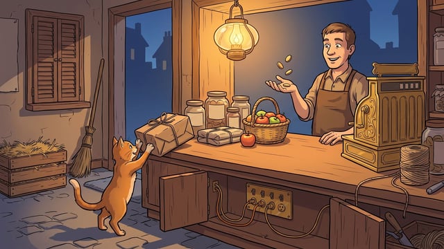 An orange cat receives a tied parcel across a wooden shop counter while a smiling shopkeeper catches three falling brass coins, beside a cash register, rows of goods, and a brass switchboard with two amber cords under the counter.