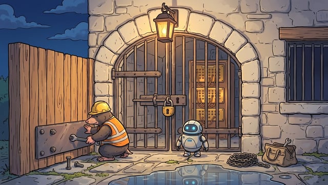 A mole wearing a yellow hard hat and high-visibility vest uses a wrench to fasten bolts onto a metal plate on a wooden fence beside a small, glowing-eyed robot standing in front of a locked iron gate, which reveals a glowing server rack inside a stone archway at night.