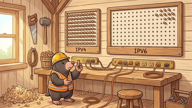 A mole in a yellow hard hat holds one spare peg beneath two corded workshop boards: a smaller IPV4 board packed full of pegs and a much larger IPV6 board whose grid is almost entirely empty.