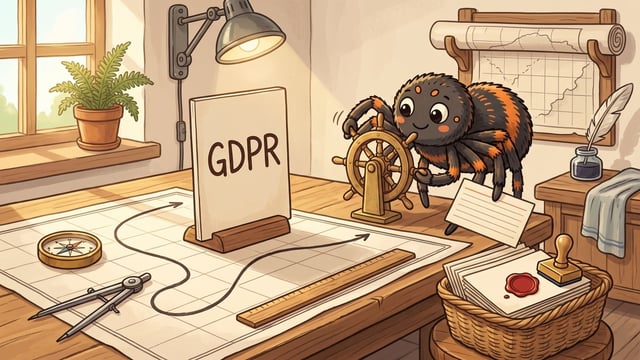 A cartoon spider with orange markings turns a small wooden ship's wheel at a desk beside a white sign displaying the text "GDPR", surrounded by a map with a curved arrowed path, a compass, a ruler, and a basket of wax-sealed documents.