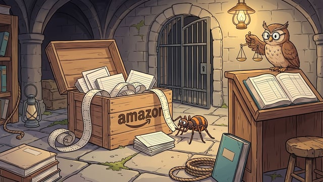 A cartoon spider pulls a long strip of perforated paper tape from an open wooden crate labeled "amazon" filled with notebooks inside a stone dungeon room, while an owl wearing glasses perches at a lectern holding a handheld balance scale.