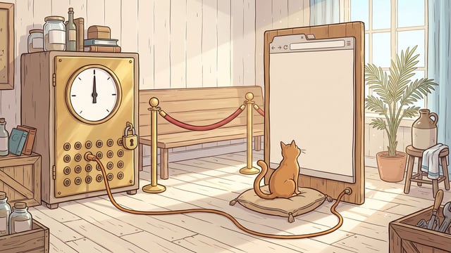 An orange cat sits alone on a cushion facing a wooden browser-window panel connected by one amber cord to a brass socket cabinet with a locked padlock and a large round gauge whose needle points straight up, beside a roped-off empty bench.