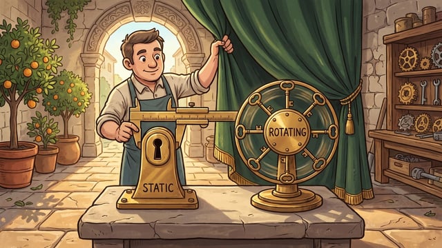 A smiling man in an apron pulls back a green curtain to uncover a stone table featuring a brass device labeled "STATIC" with a keyhole, connected via a caliper scale to a circular wheel labeled "ROTATING" containing eight keys.