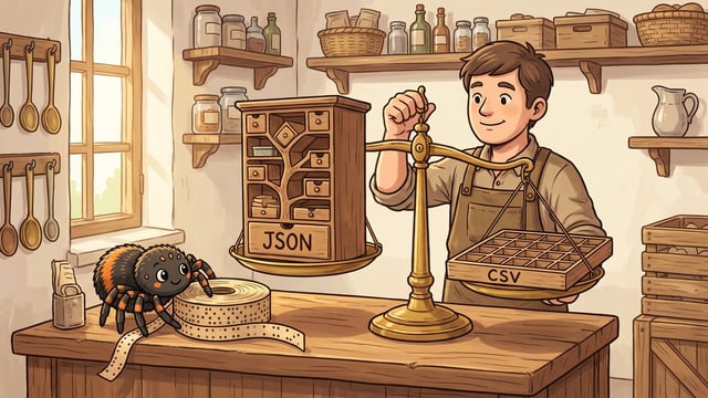 A smiling shopkeeper in an apron operates a brass balance scale holding a wooden nested drawer cabinet labeled "JSON" on one pan and a uniform grid tray labeled "CSV" on the other, while a large spider sits beside a roll of paper tape on the counter.