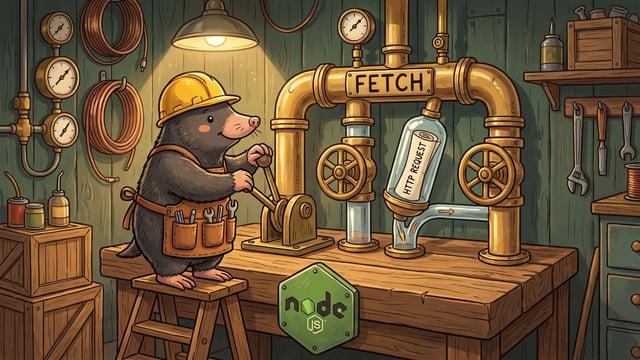 A mole wearing a yellow hardhat and tool apron stands on a wooden step stool, pulling a lever beside a brass pipe system labeled "FETCH" that sends a scroll labeled "HTTP REQUEST" through a glass tube, above a green hexagonal Node.js emblem mounted on the workbench.