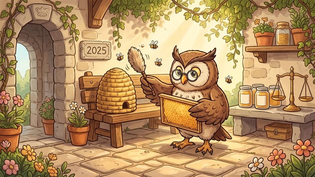 An owl wearing eyeglasses holds a wooden honeycomb frame and a feather duster near bees flying around a woven beehive on a bench, set in a stone courtyard with a wall plaque labeled "2025" and jars of honey beside a balance scale.