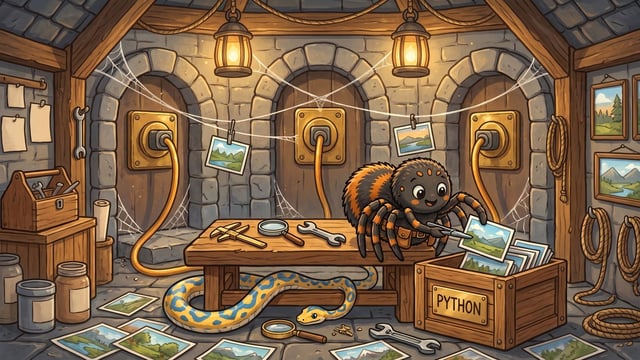 A cartoon spider sits by a wooden workbench sorting photographic prints into a crate with a plaque reading "PYTHON", while a yellow and blue spotted snake slithers beneath the table among tools like wrenches and magnifying glasses, inside a stone room featuring three arched stone doorways fitted with large wall plugs.