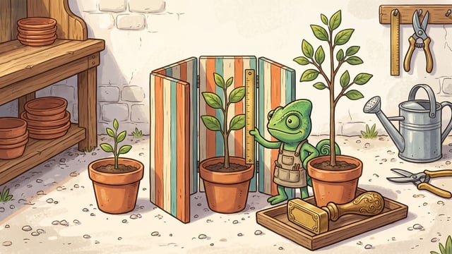 A green chameleon mascot wearing an apron holds a ruler to measure one of three potted saplings of varying heights, set behind a striped wooden folding screen near a large brass stamp on a wooden tray.