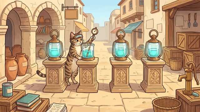 A tabby cat wearing goggles stands on its hind legs along a stone street, dipping a measuring tool with a round dial into one of four brass lanterns containing glowing cyan liquid set upon individual stone pedestals.