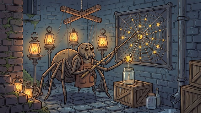 A large, apron-wearing spider suspended by strings attached to a wooden controller labeled "Puppeteer Sharp" uses long sticks to collect glowing golden coins from a framed web on a brick wall, guiding one into a glass jar set atop a wooden crate amidst six glowing lanterns.