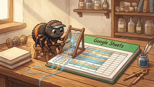 A cartoon spider wearing a visor sits on a wooden stool and weaves a glowing blue web on a small frame resting over an open binder labeled "Google Sheets", guiding blue and yellow threads onto the grid rows of the spreadsheet set on a wooden desk surrounded by tools.