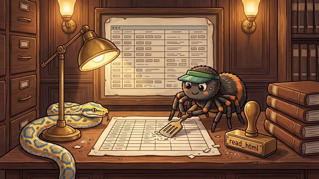 A cartoon spider mascot wearing a green visor uses a wooden spatula to scrape a grid table on a desk, accompanied by a yellow and blue Python snake, a glowing brass lamp, a large framed HTML table on the wood-paneled wall, and a wooden stamp printed with the text "read_html".