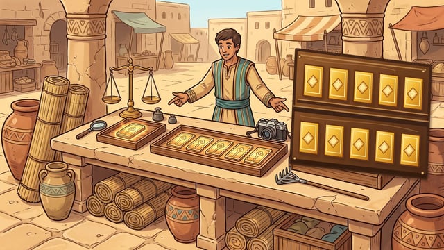 A male shopkeeper in an ancient marketplace gestures toward wooden trays on a stone counter, showing one tray with a single golden card, a second tray with five cards, and a large display frame holding ten cards alongside a balance scale and a camera.