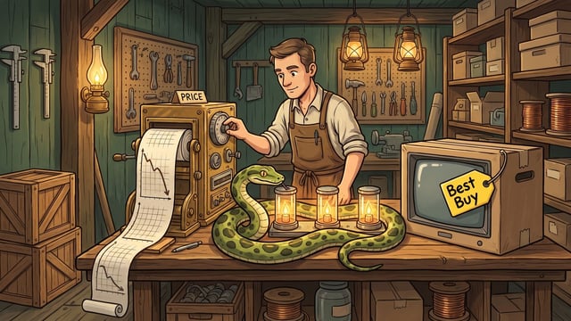 A man in an apron stands at a wooden workshop desk, turning a dial on a machine labeled "PRICE" that outputs a graph showing a downward line, while a green snake coils near three glowing glass cylinders beside a monitor with a yellow "Best Buy" tag.