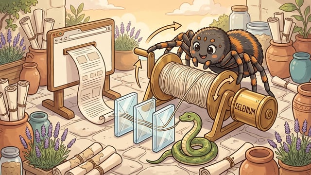 A large spider mascot turns a wooden thread spool attached to a brass canister labeled SELENIUM, pulling a line guided by a green python snake through three rectangular glass prisms into a framed browser window prop dispensing a printed paper scroll.