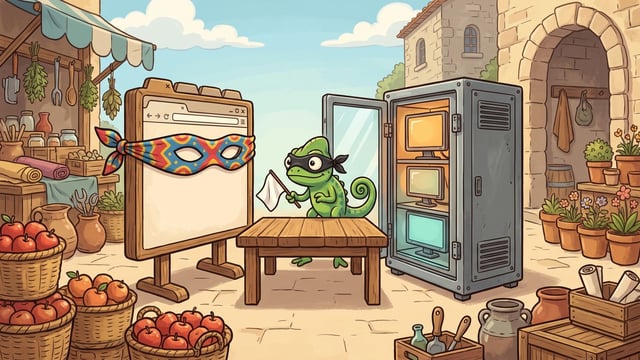 A green chameleon wearing a black eye mask stands behind a wooden table while holding a small white flag between a large browser window frame wearing a colorful mask on the left and an open metal cabinet displaying three stacked monitors on the right.