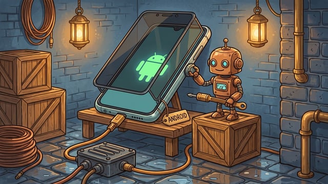 A small bronze robot holding a tool adjusts a knob on a large smartphone resting on a wooden bench, where a glowing green Android logo shines beneath a hovering transparent glass shield and a tag reads "ANDROID", while an orange cable connects the phone to a metal junction box on the floor.